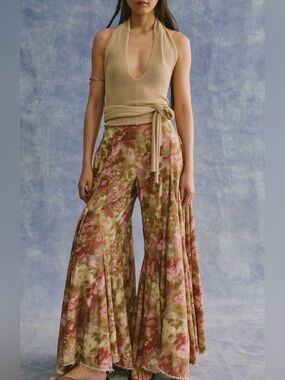 Free People Fallen Star Printed Wide-Leg Pants in Olive & Pink